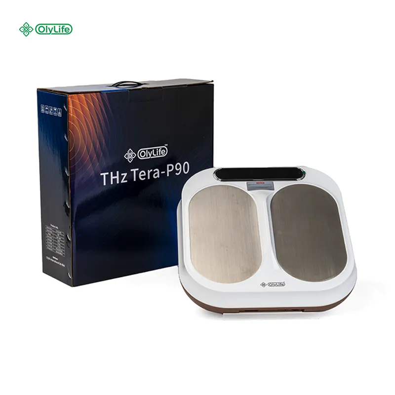 OlyLife THz Tera-P90 PEMF wellness device on showcase with branded packaging